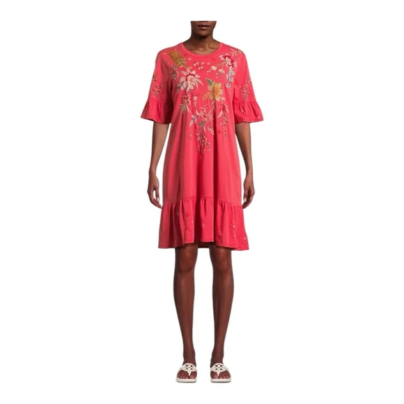 Johnny Was Pink Andrean Embroidered T-Shirt Dress Size Large - Picture 3 of 12